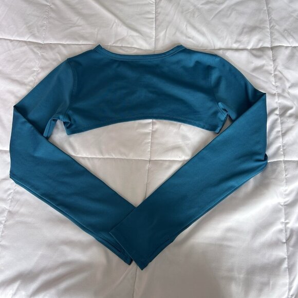 Move Theology Womens Large Long Sleeve Teal Cut Out Crop Top Gym Yoga Workout - Picture 5 of 5